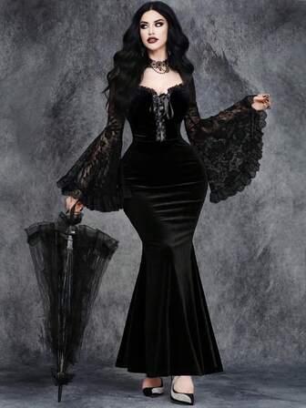 Women's Gothic Dark Sexy Elegant Romantic Retro Gorgeous Rose Lace Splicing Hollow Metal Rope Bow Tie Witch Sleeve Halloween Role Playing Velvet Party Dress