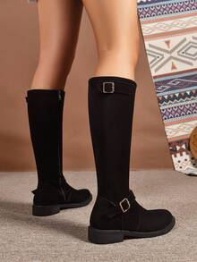 秋冬女士过膝长靴，时尚黑色侧拉链机车靴，过膝骑行靴。适合日常穿着、参加派对、时装秀，中筒靴，过膝靴，日常鞋履。 - 黑色 - 查看 7