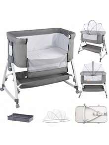 Cama lateral, cuna para bebé 80*40*100-116cm, cuna 2 en 1, cuna para bebé, cuna para bebé, cuna para recién nacidos, cama mecedora para casa y para llevar con ruedas, ajustable a 6 alturas