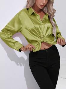 Women's Casual Turndown Collar Button Faux Silk Satin Solid Color Long Sleeve Blouse