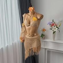 Bellisia Conjunto de xale de crochê dourado feminino para resort, praia para férias de verão