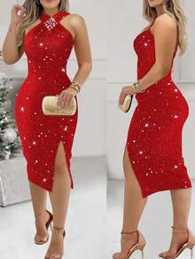 ChicMe 女士闪光水钻露背无袖紧身连衣裙褶皱侧开衩中长连衣裙优雅鸡尾酒会服装 - 紅色 - 查看 2