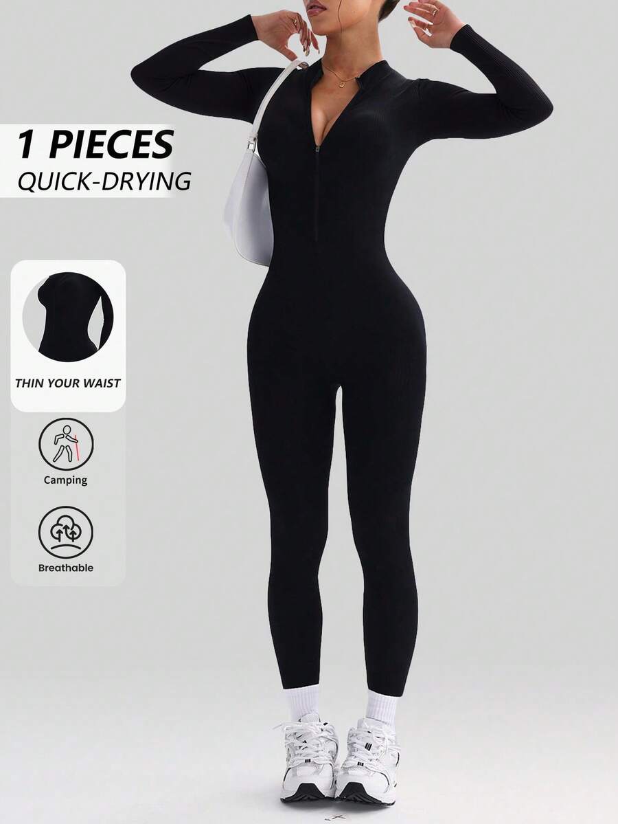 DINBEY Women's Zipper High Collar Jumpsuit, Stretchy Activewear Suitable For Yoga, Gym, Outdoor Leisure Sports - Black - View 1