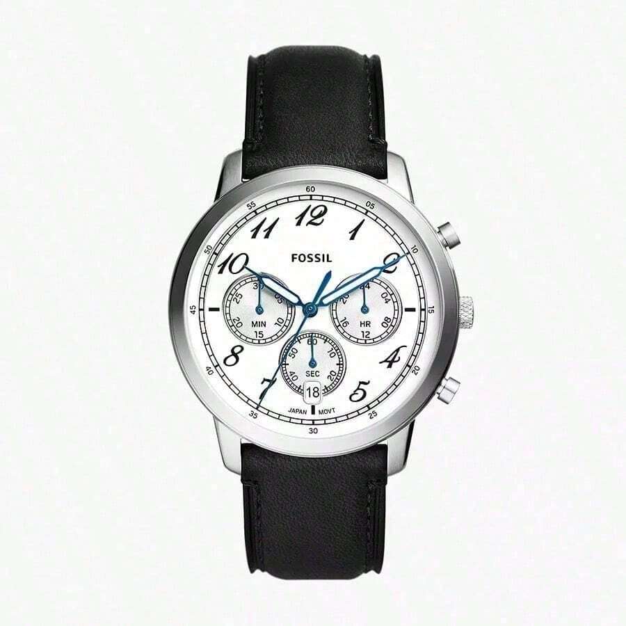 Ceas bărbătesc Fossil FS6023 cu cuarț la modă - cristal mineral rezistent la zgârieturi, curea din piele neagră, rezistență la apă 50 m, carcasă din oțel inoxidabil, cadran alb - lansare exclusivă - alb - Vizualizare 1