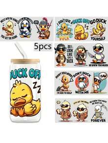5pcs, Duck UV DTF Transfer Stickers, Glass/Drink Stickers For 16 Oz Cups, Self-Adhesive Cartoon Duck Graphics, Plastic Crystal Decorations, Cartoon Themed Decorative Stickers For DIY