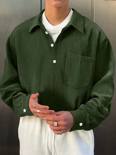 Men's Corduroy Collar Long Sleeve Polo Shirt, Casual Loose Fit Solid Color Pullover Top, For Spring & Autumn, Winter