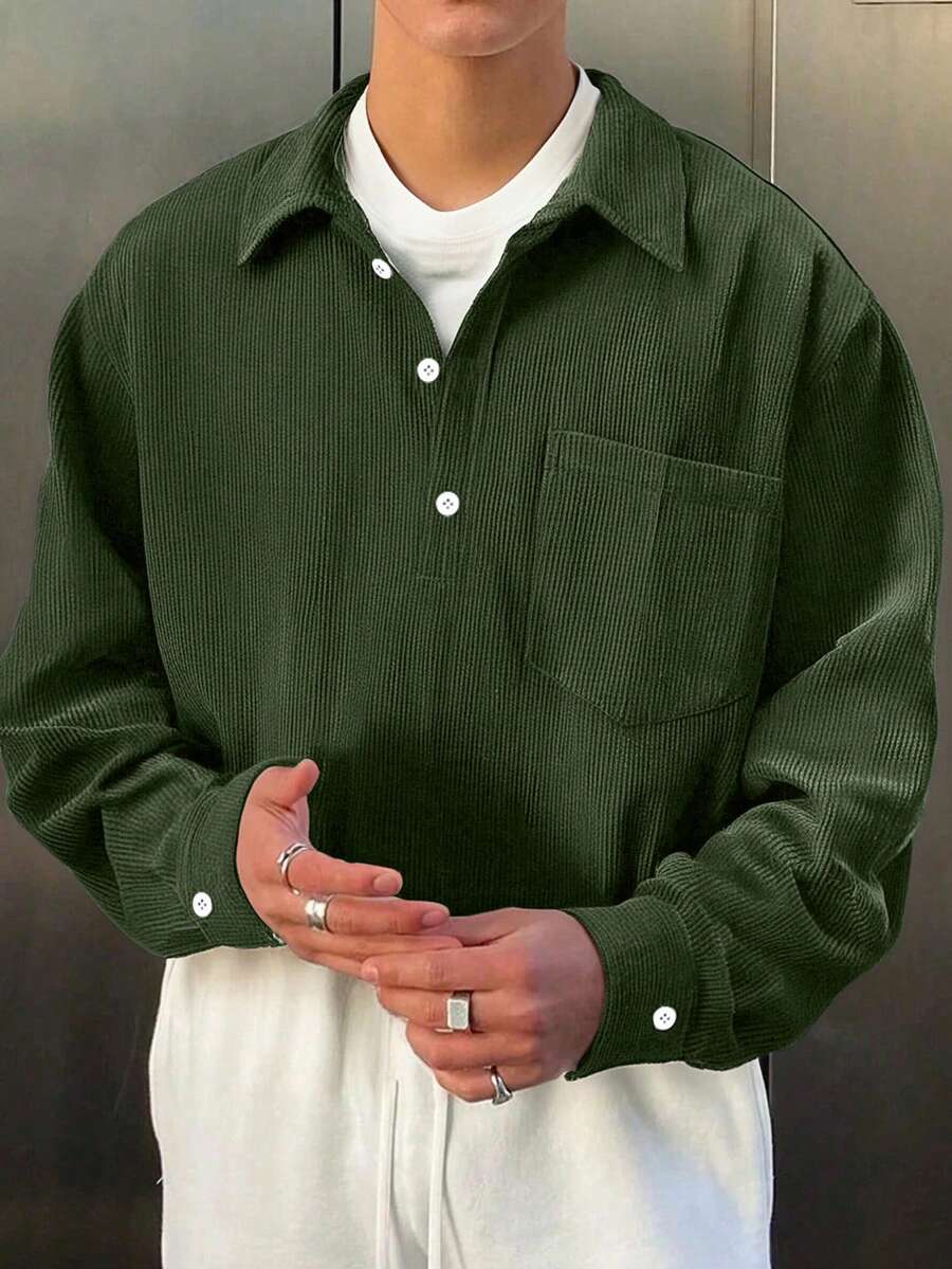 Men's Corduroy Collar Long Sleeve Polo Shirt, Casual Loose Fit Solid Color Pullover Top, For Spring & Autumn, Winter - Green - View 1