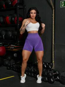 Yoga Shorts Sports Gym Leggings  Tie Dye Crumpled Butt Lifting Seamless High Waist YI-016 - 紫色 - 查看 4