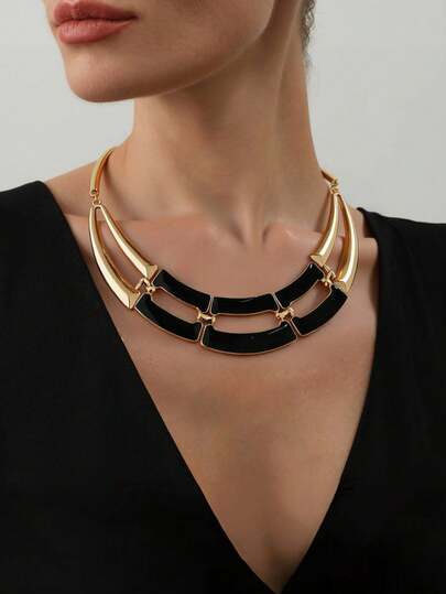 1 pieza Collar grande de mujer de estilo vintage geométrico exagerado para otoño/invierno, collar de metal hueco de doble capa con efecto de goteo negro, versátil para uso diario, fiesta, atuendo casual y formal