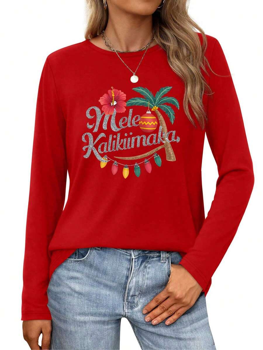 Mele Kalikimaka  Hawaiian Christmas Greeting With Palm And Lights Womens Long-Sleeve Crewneck T-Shirt - 紅色 - 查看 1