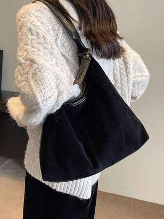 Vintage mocka stor kapacitet casual axelväska, patchwork färgblockshandväska, elegant mångsidig pendlarväska för kvinnor