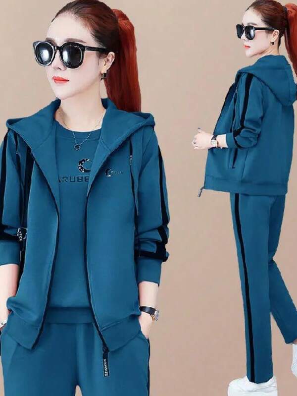 Women's Sportswear Set, Tracksuit, Top And Bottoms, Hoodie, Sweatshirt, And Pants, 3-Piece Sweatsuit Set, Long Sleeve, Stylish, Simple, Casual, Plus Sizes Available, Perfect For Everyday Wear, Exercise, And Outdoor Activities