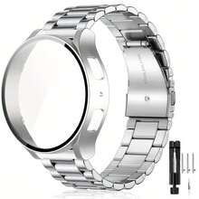 Stainless Steel Watch Band And Protective Case For Samsung Galaxy Watch 7 FE 6 5 4 (44mm/40mm) Replacement Stainless Steel Watch Strap Scratch-Resistant Protective Tempered Glass Case Combo, Ideal Gift For Couples