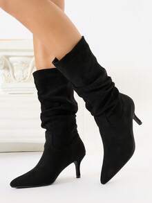 Giày bốt nữ thời trang Thu/Đông mới, đa năng, màu trơn, nhẹ, bền, chất liệu da, kiểu bốt cao đến giữa bắp chân, thoải mái, phù hợp cho mọi dịp, gót nhọn (kitten heel), gót nhọn cao (stiletto heel). - màu đen - Xem 3