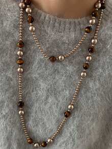 1 pièce Collier de perles fausses en œil de tigre, sensation haut de gamme. Chaîne de pull d'automne et d'hiver rétro polyvalente, accessoire de tempérament pour les filles à offrir à leurs amies en cadeau - Multicolore - Voir 3