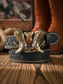 1 条男士西式腰带，PU 压花铆钉复古休闲腰带，适合日常佩戴（配有打孔钉） - 牛仔靴子 - 查看 20