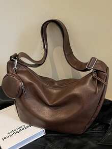 Maillard 色时尚休闲女士斜挎单肩包，带零钱包，柔软 PU 皮革，适合日常通勤 - 咖啡棕 - 查看 3