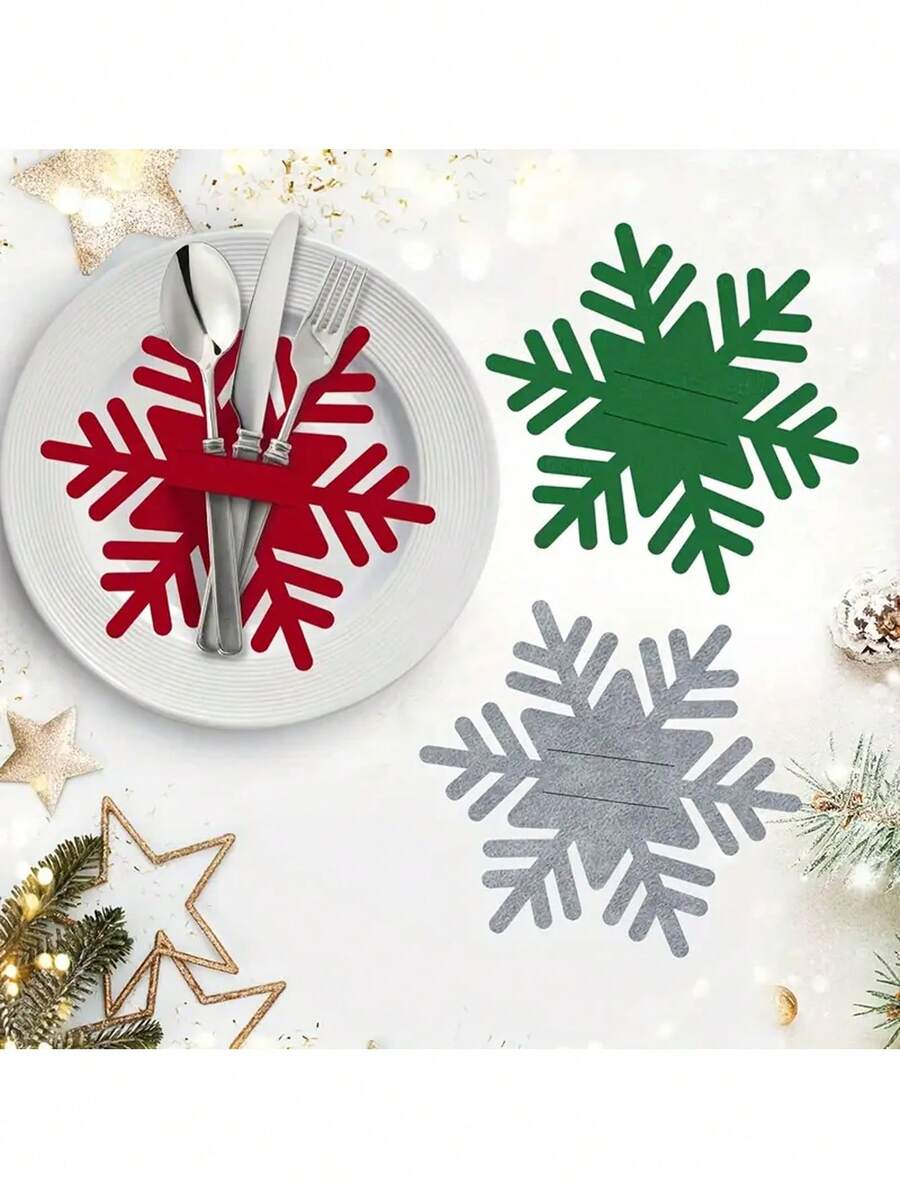 12 pièces Porte-couverts en feutre de flocons de neige de Noël, pinces à couverts, sets de table, décoration de table de fête de Noël pour ajouter de la couleur à votre table de fête de Noël, convient pour Noël et diverses fêtes
