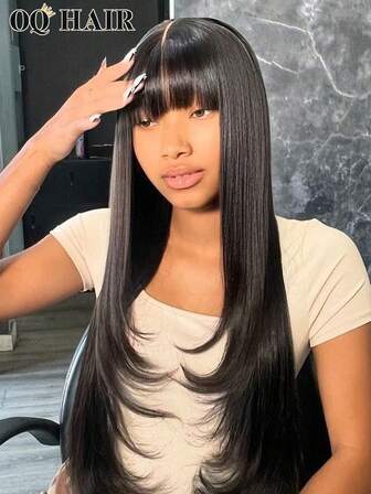 OQ Hair Wear Go Glueless Wig Straight Bangs Layered Cut Tiny Knots Pre Bleached 9x6 T Part Pre Cut Transparent Lace Front Wig 16-24 Inch 180% Density Real Human Hair Natural Color Pre-Plucked Hairline Stylish Free Gifts Sport Cosplay Casual Elegant Street Simple Halloween Travel Essentials Y2K Turn Up Baddie Holiday Vacation For Women