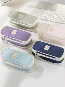 Macaroon Color Splicing Pencil Case, Stationery Box, Storage Bag, Gift , Students, Boys And Girls Back To School,Back To School,School Supplies,Pencil Pouch,School Bag - 海軍藍 - 查看 5