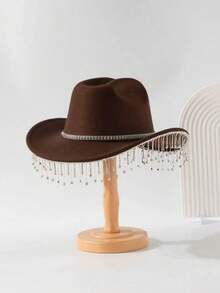 1 Stück Damen Mode Filzhut, dekoriert mit Kristall Strass Kette Gürtel, geeignet für Bankette, Jazz-Partys, Hochzeiten, Western-Themen-Partys, Unisex