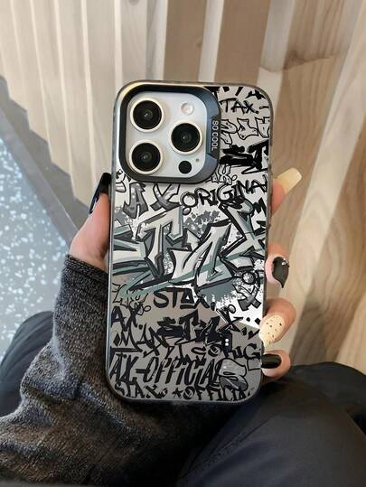 1 pieza Funda de teléfono a prueba de golpes con cobertura total de TPU con eslogan gráfico de graffiti negro, compatible con Apple 16, 15, 14, 13, 12, 11 Pro Max, Series