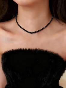 1pc Vintage French Style White & Pink Faux Pearl Necklace, Simple Choker