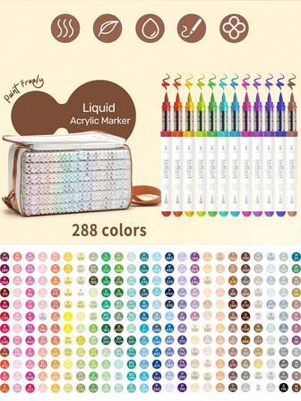 288 Colour Acrylic Marker Set, Soft Tip With Automatic Ink Control System, Strong Coverage For Doodling And Colouring, Suitable For Artists, DIY Crafts, Canvas, Wood, Glass, Rocks And Fabrics, Great For Back To School!