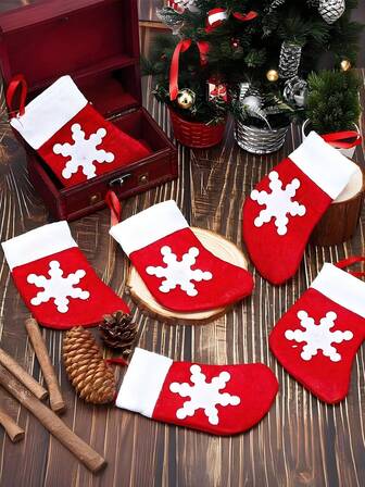 4/8pcs Mini Christmas Stocking Gift Bag, Christmas Tree Hanging Decorations With Snowflake Pattern, Mini Christmas Stocking Tableware Holders Small Stocking Ornament For Xmas Tree Dinner Table Party Decor