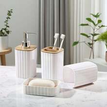 4 pièces Ensemble d'accessoires de salle de bain moderne, organisateur de plan de travail de vanité blanc et en bambou avec distributeur de savon, porte-brosse à dents, gobelet et porte-savon, décoration essentielle pour la maison et le dortoir