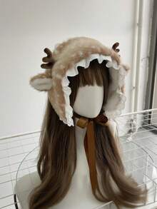 Chapéu de Pelúcia Fofo de Estilo Florestal de 1 Peça para Mulheres, com Chifres Simulados 3D de Alce e Orelhas Adoráveis, Acabamento Delicado de Renda, Boêmio Retrô Vintage Elegante e Moda de Rua, Material de Pele Sintética Macia, Faixa de Proteção para Ouvidos Grossa e Quente para Uso Diário em Casa, Lazer, Casual ao Ar Livre, Outono e Inverno