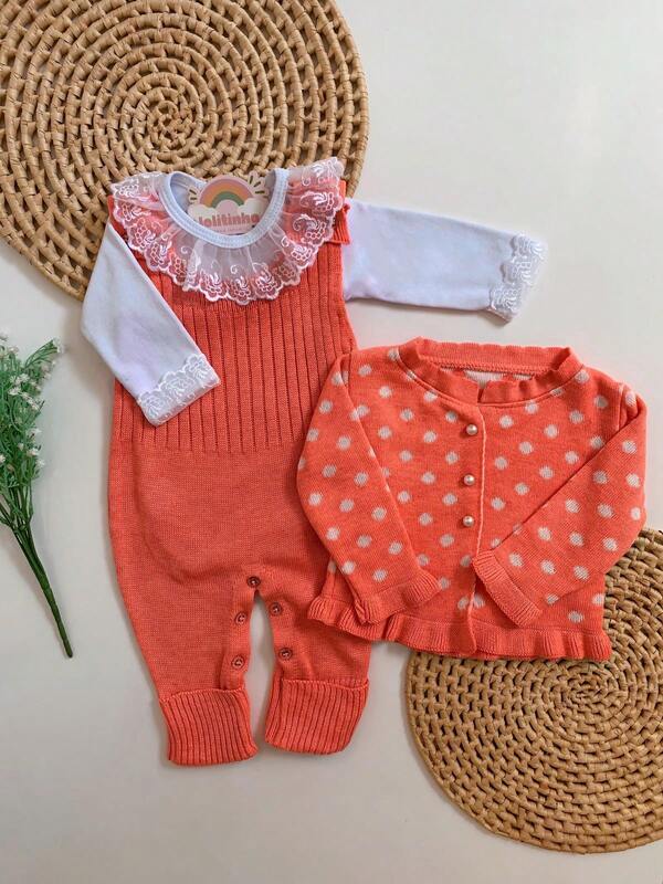 Conjunto Tricô Jardineira Casaco Body Menina Baby Infantil