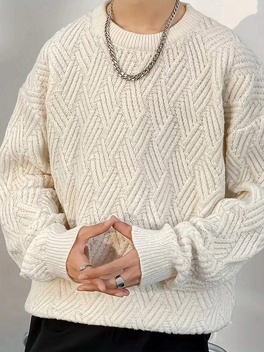 Plus Size Men's Vintage Crew Neck Sweater, Knitted Pullover For Autumn/Winter, Long Sleeve Top