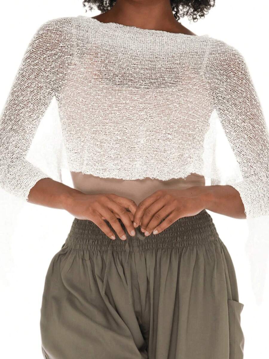 Women's Mesh Cover Ups Stylish Solid Crew Neck Long Sleeve Sheer Poncho For Beach And Daily Life - White - View 1