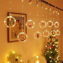 Luci a tendina natalizie a LED, luci a filo di rame a LED con design a cartone animato di Babbo Natale per decorazioni natalizie per interni, decorazioni per finestre, lampade natalizie, decorazioni natalizie per camera da letto di casa
