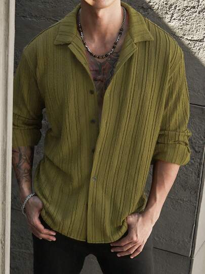 Men's Casual Vertical Striped Jacquard Long Sleeve Shirt, Fall