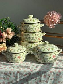 1 zestaw garnków emaliowanych z kwiatami – dwuuchwytowe garnki emaliowane do zupy z ceramicznymi pokrywkami, duża pojemność do użytku domowego, odpowiednie na każdą porę roku, odpowiednie do kuchenek gazowych i indukcyjnych, można używać w kominkach i paleniskach, wielofunkcyjne (można trzymać w ręku do gotowania, zup, gulaszów) – idealne na prezent dla przyjaciół i rodziny