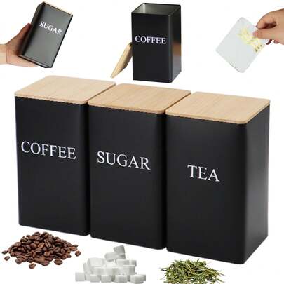 1 Set/3pcs Set High-Quality Iron Coffee Canister, White/Black, For Storing Coffee Beans, Tea Leaves, Sugar, Iron Storage Containers With Wooden Lid, Suitable For Restaurant, Kitchen, Living Room