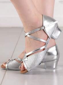 Women's Latin Dance Shoes, Low-Heeled Dance Sandals, Social Dance Shoes, Beginner Dance Shoes - Silver - View 1