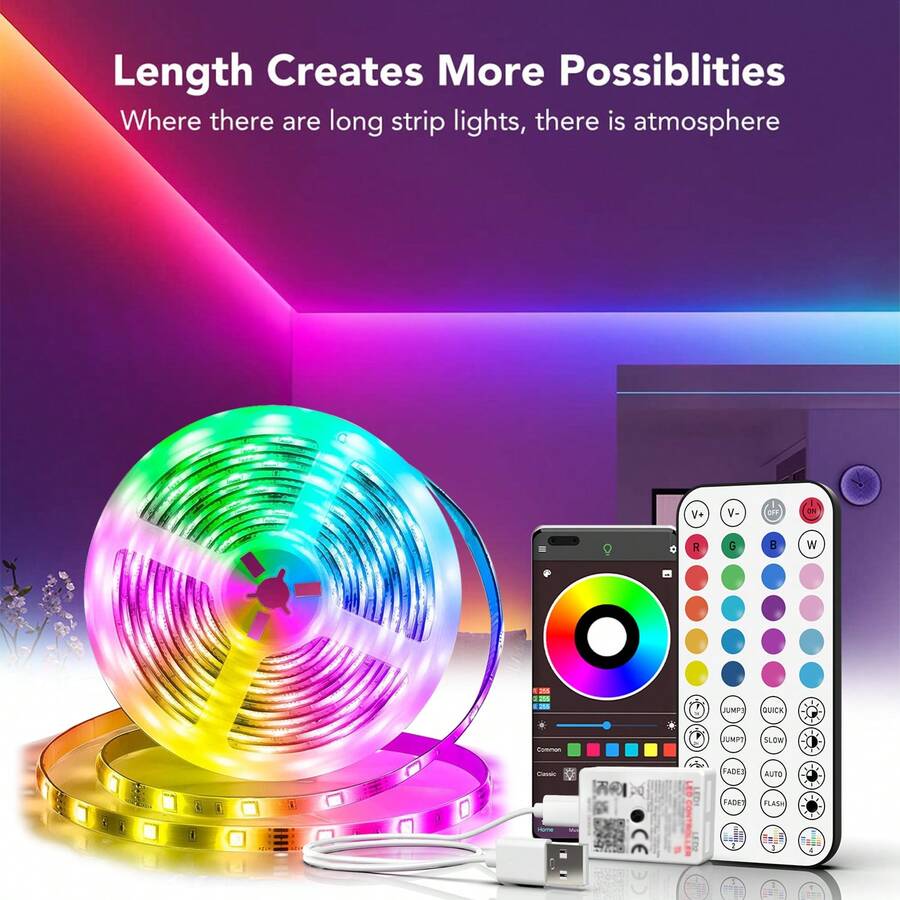 Tira de luz LED de 3 pies a 100 pies para decoración del hogar, equipada con control remoto de 44 teclas y control por aplicación, con temporizador y atenuación de color RGB sincronizada con música, adecuada para decoración de dormitorio, vacaciones, decoración de habitación, decoraciones de pared