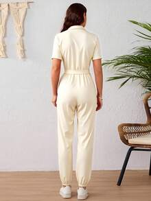 Mono Camisero Casual De Color Sólido Para Mujer,Elegante Monos Cargo De Manga Corta Con Cinturón - Beis - Ver 2