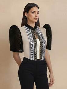 Amyenjoylife 现代菲律宾风情上衣，蝴蝶袖菲律宾风情上衣，女士优雅拼接泡泡袖开衫外套，菲律宾风情短款上衣，菲律宾风情上衣，黑色上衣 - 黑色 - 查看 5