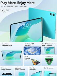 Teclast P33 New Tablet, Android 15 10.1-Inch IPS, 1280X800 Resolution, Allwinner A333 Five Core, 9GB * (3GB+6GB Virtual) 64GB Storage Space, WIFI, 6000mAh Type-C Charging, Rear 5MP And Front 2MP Dual HD Cameras, Pink Tablet Case ,With Pink Keyboard &Wireless Mouse,Mouse Pad Accessories Bundle