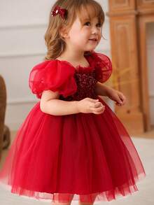 Baby Mädchen 0-4 Jahre rotes Puffärmel Pailletten Tüll elegantes goldenes Kleid, Prinzessinnenkleid geeignet für 1-jährige Geburtstagsparty, Bankett, Hochzeit Blumenmädchenkleid - Bordeaux - Übersicht 2