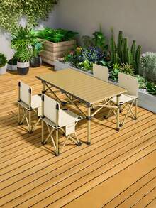 Nuevo juego de mesa y silla de camping plegable de alta calidad (incluye 4 sillas), mesa plegable para mercado nocturno al aire libre, mesa de comedor simple portátil, mesa pequeña portátil de aleación de aluminio de aprendizaje multifuncional - Beis - Ver 2