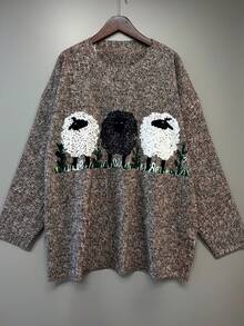 Áo len dệt kim cổ tròn thoải mái cho nữ cỡ lớn, tay dài trễ vai, họa tiết in hình cừu dễ thương, kiểu dáng áo chui đầu vừa vặn, phù hợp cho mùa thu đông - Màu xám đen - Xem 2