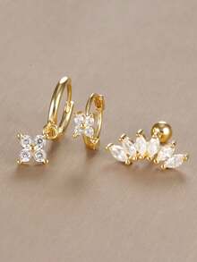 3PCS Stainless Steel Zirconia Flower Earring Set For Women, 18K Gold Plated Hypoallergenic Tragus Helix Hoops Ear Stud Cartilage Piercing Jewelry For Daily Ware - Gold-12 - View 3