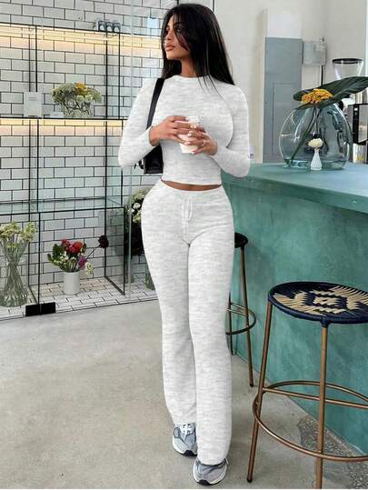 Women's Fashion Cropped Long Sleeve Top And Tie-Waist Flare Pants Sporty Set, Spring