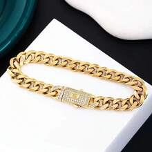 6mm Stainless Steel Necklace For Men, 14K Gold Plated Cuban Link With Zirconia Stone, Titanium Steel Clasp, Holiday Gift