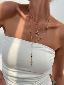 3pcs/Set Elegant Versatile Minimalist Layered Cross & Y-Shape Tassel Necklace, Suitable For Men & Women, Ideal For Holidays, Parties, Daily Wear, Wonderful Gift For Halloween, Christmas, Thanksgiving